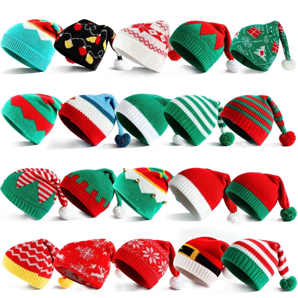 9897 20PCS Christmas Knitted Elf Hats With Pompom, Santa Hats for Adults